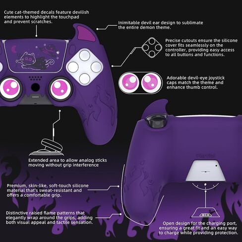 PlayVital Halloween Cute Demon Controller Silicone Case for ps5, Kawaii Controller Cover Gamepad Skin Protector for ps5 with Touch Pad Sticker & Thumb Grip Caps - Purple in Kuwait