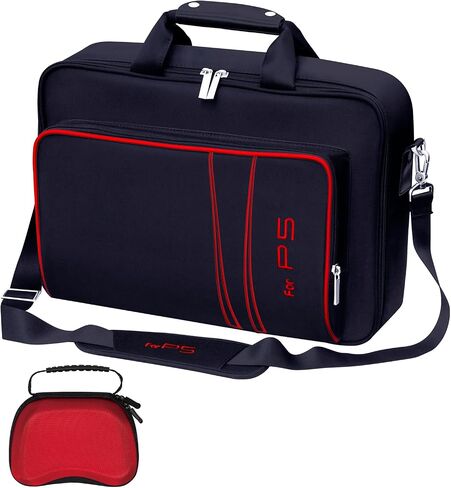Gaming Console Carrying Case,Compatible with PS5 or PS5 Slim,Travel Carrying Bag for Game Controller and Accessories,Included Controller Protective Box (Black-Red) in Saudi Arabia