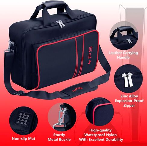 Gaming Console Carrying Case,Compatible with PS5 or PS5 Slim,Travel Carrying Bag for Game Controller and Accessories,Included Controller Protective Box (Black-Red) in Saudi Arabia