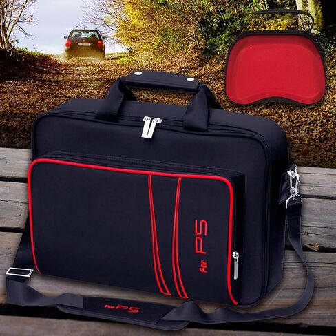 Gaming Console Carrying Case,Compatible with PS5 or PS5 Slim,Travel Carrying Bag for Game Controller and Accessories,Included Controller Protective Box (Black-Red) in Saudi Arabia