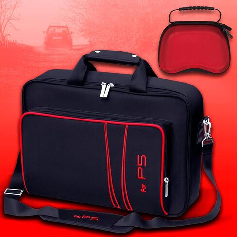 Gaming Console Carrying Case,Compatible with PS5 or PS5 Slim,Travel Carrying Bag for Game Controller and Accessories,Included Controller Protective Box (Black-Red) in Saudi Arabia