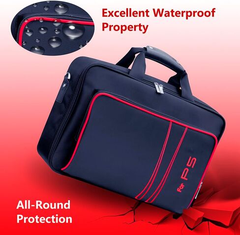 Gaming Console Carrying Case,Compatible with PS5 or PS5 Slim,Travel Carrying Bag for Game Controller and Accessories,Included Controller Protective Box (Black-Red) in Saudi Arabia