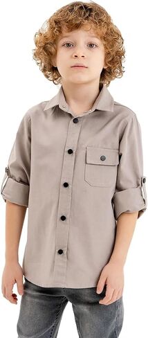 Boys Long Sleeve Shirts: Snap Button Up Toddler Boy Shirt, Roll-Up Sleeves Boys Dress Shirts, Boys Linen Shirt in Kuwait