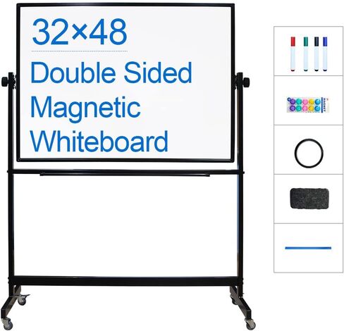 White Mobile Whiteboard with Stand, Large 32" x 48"Magnetic Mobile Dry Erase Board with Wheels, Adjustable 360° Double Sided Rolling Board, for Office Classroom Home in Saudi Arabia