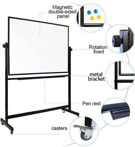 White Mobile Whiteboard with Stand, Large 32" x 48"Magnetic Mobile Dry Erase Board with Wheels, Adjustable 360° Double Sided Rolling Board, for Office Classroom Home in Saudi Arabia