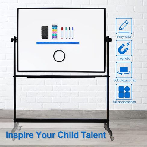 White Mobile Whiteboard with Stand, Large 32" x 48"Magnetic Mobile Dry Erase Board with Wheels, Adjustable 360° Double Sided Rolling Board, for Office Classroom Home in Saudi Arabia