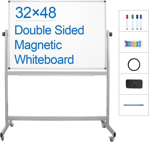 White Mobile Whiteboard with Stand, Large 32" x 48"Magnetic Mobile Dry Erase Board with Wheels, Adjustable 360° Double Sided Rolling Board, for Office Classroom Home in Saudi Arabia