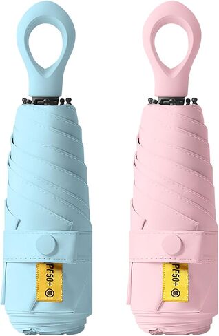 2-Pack Travel Mini Compact Umbrella Parasol UV Sun Protection 50+ Small Umbrellas/Portable Totes Umbrella/Lightweight Pocket Purse Umbrella for Men Women Kids Rain & Sunproof Fits in Purse/Backpack in Saudi Arabia