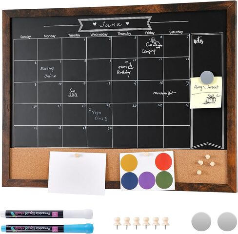 ARCOBIS Chalkboard Calendar with Cork Board, 24x18 Inch Wood Frame Bulletin Board for Wall, Magnetic Chalk Calendar Board with Chalk Markers, Push-Pins and Magnets in Kuwait