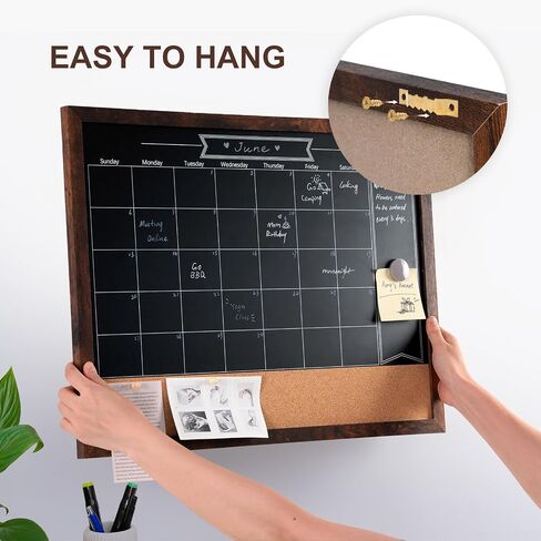 ARCOBIS Chalkboard Calendar with Cork Board, 24x18 Inch Wood Frame Bulletin Board for Wall, Magnetic Chalk Calendar Board with Chalk Markers, Push-Pins and Magnets in Kuwait