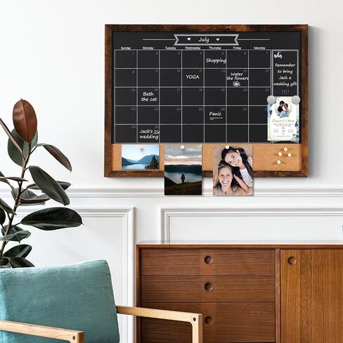 ARCOBIS Chalkboard Calendar with Cork Board, 24x18 Inch Wood Frame Bulletin Board for Wall, Magnetic Chalk Calendar Board with Chalk Markers, Push-Pins and Magnets in Kuwait