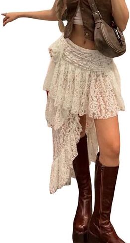 Women Y2k Lace Mini Skirt Fairy Mesh Floral Low Rise Pleated Half Slip Skirt Layered Flowy Short Skirt Streetwear in Kuwait
