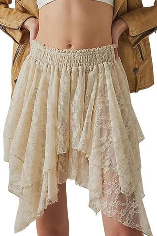Women Y2k Lace Mini Skirt Fairy Mesh Floral Low Rise Pleated Half Slip Skirt Layered Flowy Short Skirt Streetwear in Kuwait