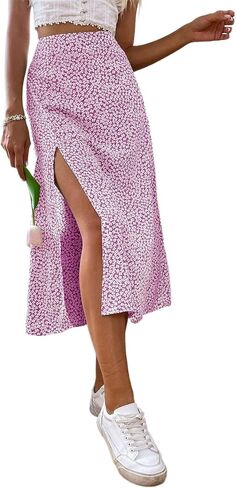 Avanova Women Floral Sexy Slit Slip Midi Skirts Boho High Waisted Summer Skirts in Kuwait