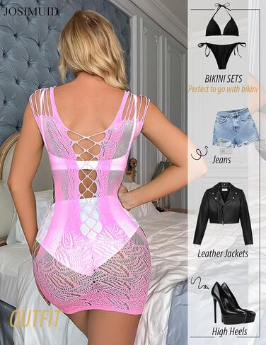 Womens Lingerie Fishnet Dress Mesh Badydoll Fishnet Bodysuit See Through Chemise Cut Out Mini Dress in Saudi Arabia