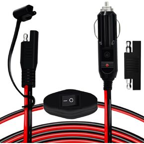 Cigarette Lighter Plug to SAE Battery Charger Cable, 16AWG 12 Volt Power Supply Cigarette Lighter Plug, 12V Cigarette Lighter Charging Cable with Switch & SAE Reverse Polarity Adapter - 10FT