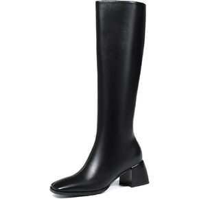 Knee High Boots for Women 70s Boots with Chunky Heel, Square Toe Tall Boots Side Zipper Block Heel Dress Boots