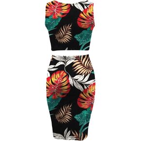 Floerns Women's 2 Piece Outfit Tropical Print Scoop Neck Tank Top Pencil Skirt Set