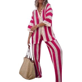 loveimgs Womens Summer 2 Piece Crochet Knit Outfit Striped Short Sleeve Button Shirt Hollow Out Wide Leg Pants Set