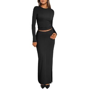 Trendy Queen Two Piece Skirt Set for Women Long Sleeve Crop Tops Bodycon Maxi Skirts 2024 Fall Fashion Matching Sets