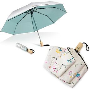 G4Free UPF 50+ UV Protection Travel Umbrella with Wooden Handle 42 Inch Lightweight Sun Rain Folding Umbrellas Auto Open Close