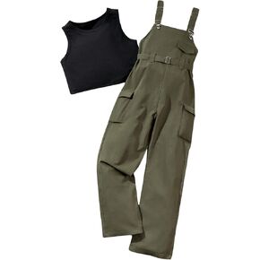 OYOANGLE Girl's 2 Piece Outfits Bib Overalls Jumpsuit and Sleeveless Crop Tank Top Cargo Pants Set
