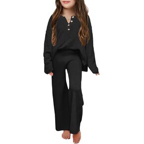 Haloumoning Girls 2 Piece Outfit Set Long Sleeve Button Knit Pullover Sweater Top and Wide Leg Pants Sweatsuit 5-14 Years