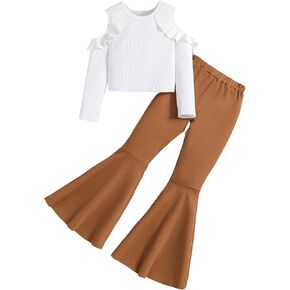 Hilinker Girl's Long Sleeve 2 Piece Outfits Ribbed Ruffle Cold Shoulder Top and Flare Pants Set