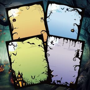 Whaline 60 Sheet Halloween Border Letter Paper 4 Design Cartoon Stationery Paper Fright Night Letterhead Writing Paper for Halloween Holiday Newsletter Invitation Card Office School Printing, 8.5x11In