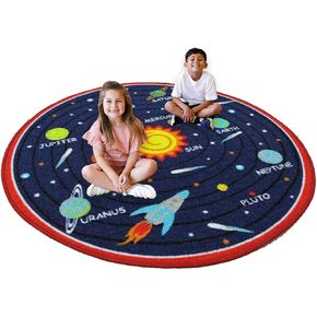 HUAHOO Blue Solar System Kids Area Rug Educational Learning Carpet Fun Rug Children Area Rug for Playroom & Nursery - Non Skid Gel Backing (79" Round, Round Solar System)