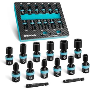 DURATECH 1/4" Drive Impact Universal Joint Socket Set, Swivel Socket Set, 16-Piece, Metric Impact Sockets (5-15 MM) with 2" Extension Bars, Cr-Mo Steel, Organized in EVA Foam Organizer