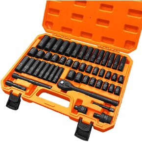 3/8" Drive Impact Socket Set, 50-Piece Standard SAE (5/16 to 3/4 inch) and Metric (8-22mm) Size, 6 Point, Cr-V, 3/8-Inch Ratchet Handle, Extension Bar, Universal Joint