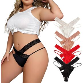Lace Thongs Underwear for Women Sexy Breathable Plus Size Double Belt Cheeky Panties 4Pack