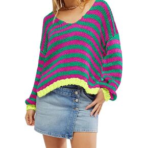 Saodimallsu Womens Striped Sweater V Neck Color Block Long Sleeve Loose Casual Pullover Jumpers