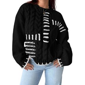 Saodimallsu Womens Oversized Sweater Crew Neck Long Sleeve Cable Knit Fall Loose Casual Color Block Pullover Top