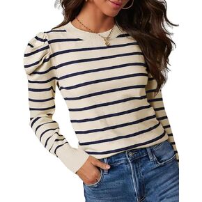 Womens Puff Long Sleeve Sweaters 2024 Fall Striped Sweater Tops Casual Lightweight Crewneck Knit Pullover Shirts