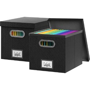 3 Pack File Storage Box with Lid File Boxes for Hanging Decorative Hanging Folders Organizer with One-Piece Plastic Frame Slides (Black, 13.2x 10.1 x 10.1 inch（2Pack）)