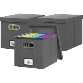 3 Pack File Storage Box with Lid File Boxes for Hanging Decorative Hanging Folders Organizer with One-Piece Plastic Frame Slides (Black, 13.2x 10.1 x 10.1 inch（2Pack）)