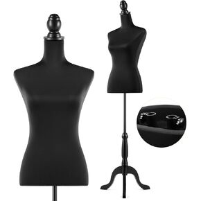 Encomle Female Dress Form White Mannequin Body, 52''-67'' Height Adjustable Female, Mannequin Body Dress Form with Wooden Tripod Base Stand, for Sewing, Display, Black