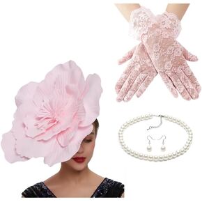 4 Pack Large Flower Fascinators Hat for Women Headband Tea Party with Lace Gloves Necklace Earrings Set for Women Girls