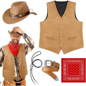 5 Pcs Western Outfit for Men Brown Cowboy Suit Vest Hat Necklace Belt Buckle Paisley Bandana for Halloween Cosplay