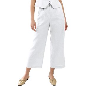 Amazhiyu Womens Pure Linen Wide Leg Straight Cropped Pleated Front Ankle Pants White, Medium