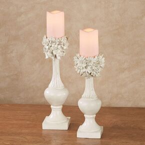 Elegant Daisies and Daffodils Floral Urn Shaped Candleholders Ivory with Taupe Set Set of 2