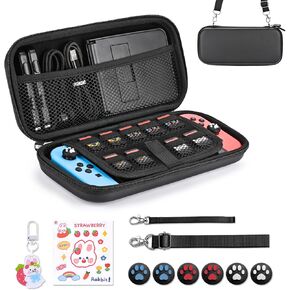 Younik Switch Case for NS Switch and Switch OLED, 11 in 1 Black Switch Accessories Kit Include Switch Carrying Case, Thumb Caps, Cute Sticker and Pendant
