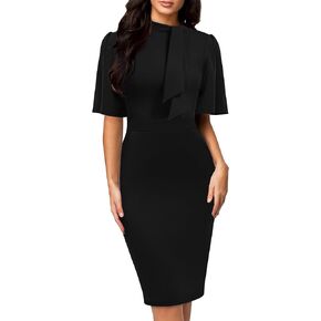 Mokayee Womens Collar Ruffle Sleeve Bodycon Church Cocktail Pencil Midi Dresses with Pockets