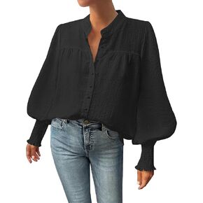 ZESICA Womens Button Down Shirts 2024 Smocked Cuffed Solid Lantern Long Sleeve Blouse Fall Fashion Casual Tops