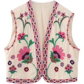 Flygo Floral Embroidered Vest Women Vintage Boho Vest Sleeveless Open Front Cardigan Waistcoat Cropped Vests