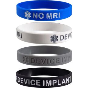 'NO MRI DEVICE IMPLANT' Medical Alert ID Silicone Bracelet Wristbands 4 Pack