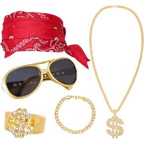 5 PCS Hip Hop Costume Kits 80s 90s Hip Hop Accessories Outfit for Rapper Costume Accessories Fake Gold Chain Rapper Themed Party Outfits Accessories for Men Boys in Kuwait