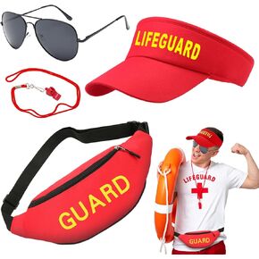 4 Pcs Life Guard Costume Accessories Set Fancy Dress Include Hat, Fanny Pack, Whistle, Sunglasses Lifeguard Cosplay Outfit Costume for Adults and Teenager, Halloween, Dress up Party